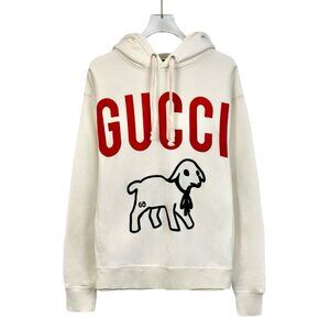 Gucci Unisex Ivory Hoodie With Red Logo & Lamb Graphic